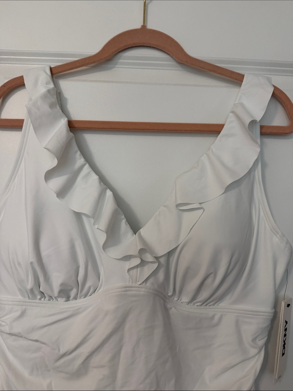 DKNY White Ruffle-Trim V-Neck One-Piece Swimsuit 2X XXL - Picture 2 of 9